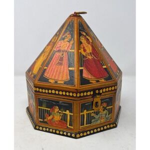 Antique Indian Mughal Hand Painted Octagon Marriage Trinket Jewelry Box